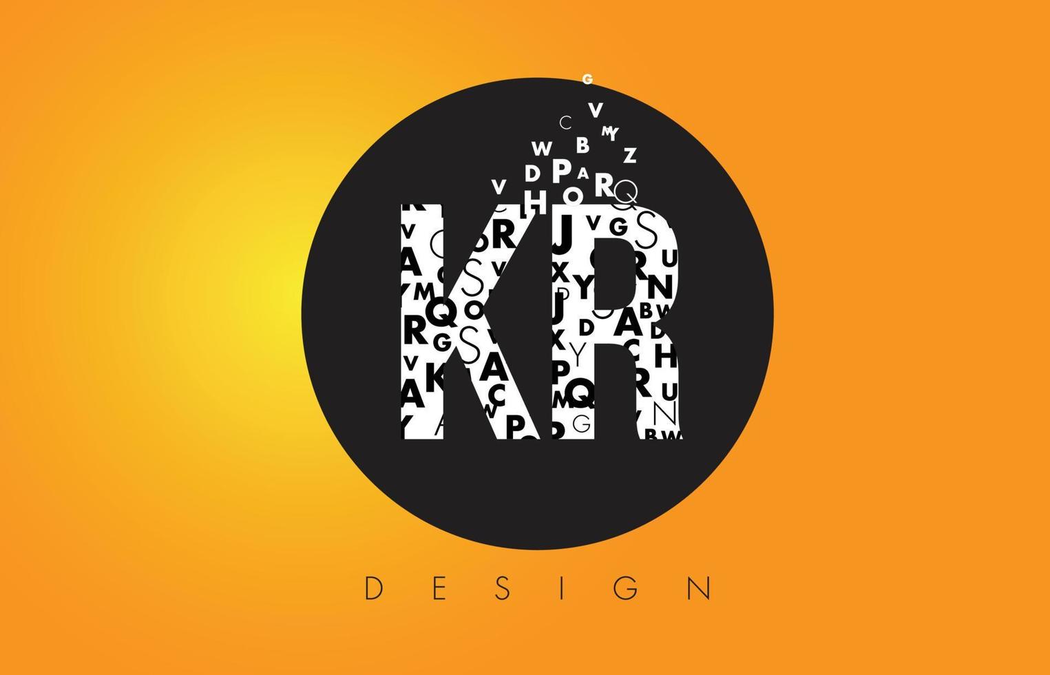 KR K R Logo Made of Small Letters with Black Circle and Yellow Background. vector