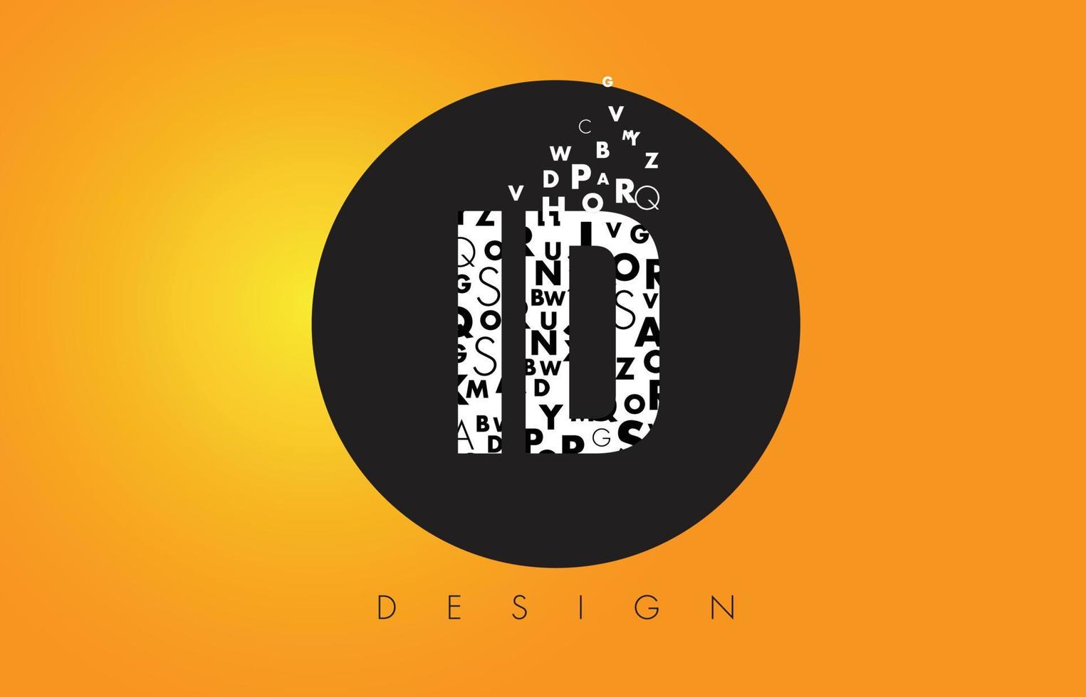 ID I D Logo Made of Small Letters with Black Circle and Yellow Background. vector
