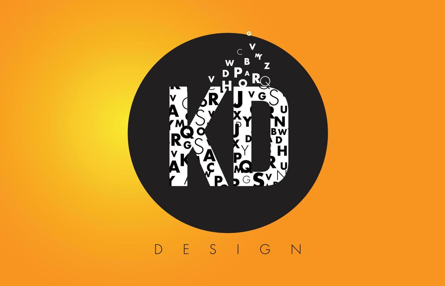 KD K D Logo Made of Small Letters with Black Circle and Yellow Background. vector