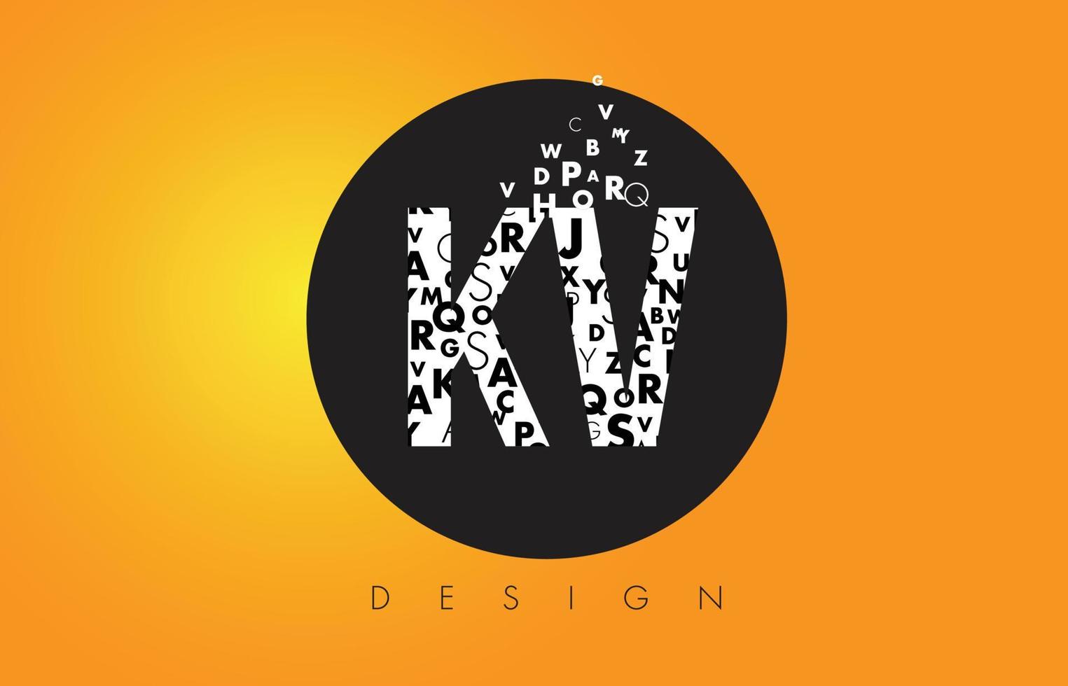 KV K V Logo Made of Small Letters with Black Circle and Yellow Background. vector