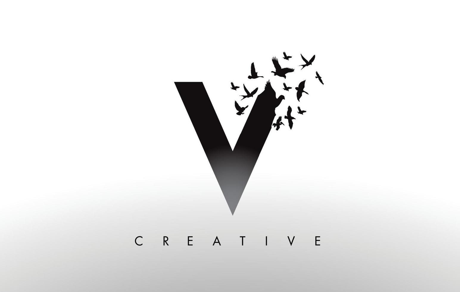 V Logo Letter with Flock of Birds Flying and Disintegrating from the Letter. vector