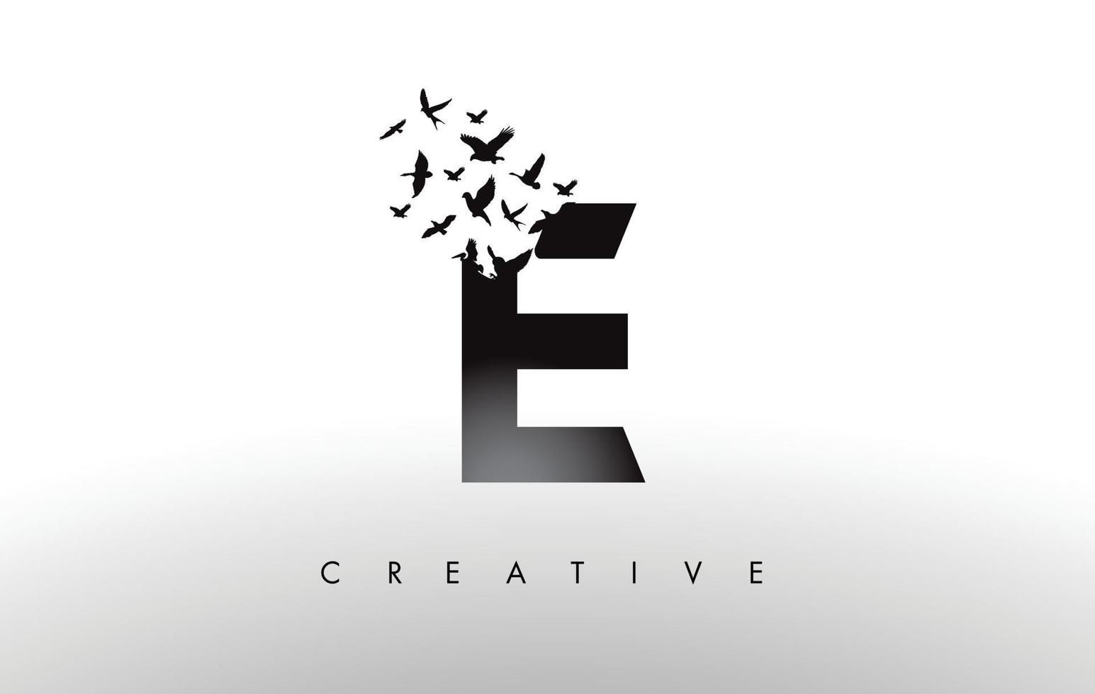 E Logo Letter with Flock of Birds Flying and Disintegrating from the Letter. vector