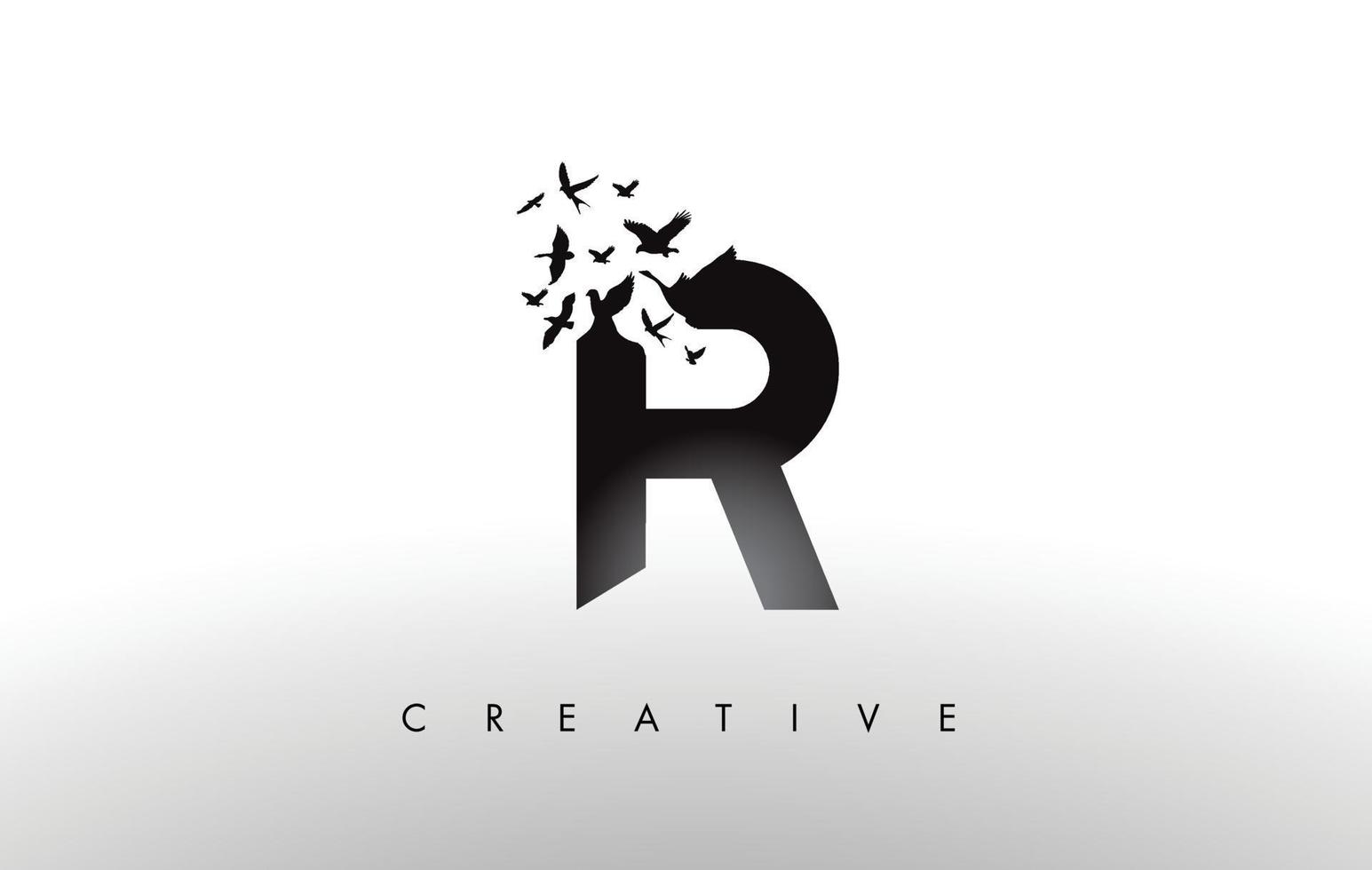 R Logo Letter with Flock of Birds Flying and Disintegrating from the Letter. vector