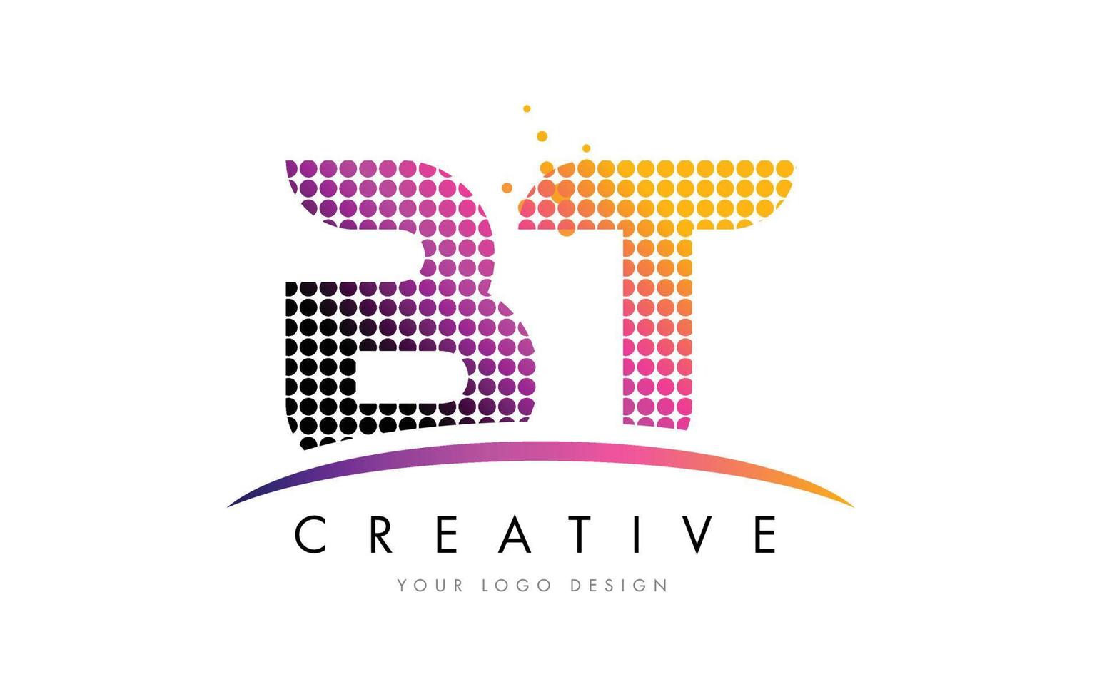 BT B T Letter Logo Design with Magenta Dots and Swoosh vector