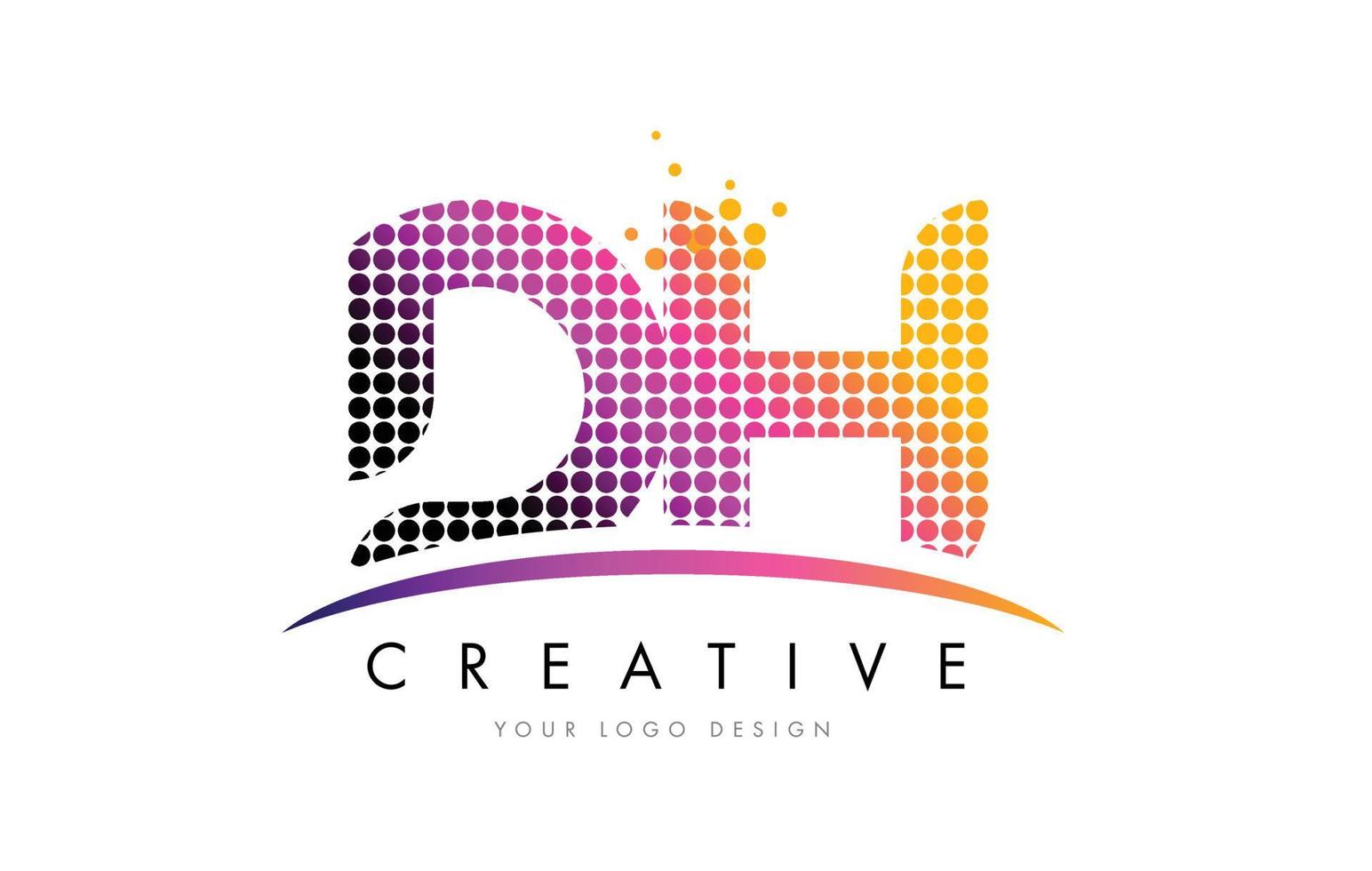 DH D H Letter Logo Design with Magenta Dots and Swoosh vector