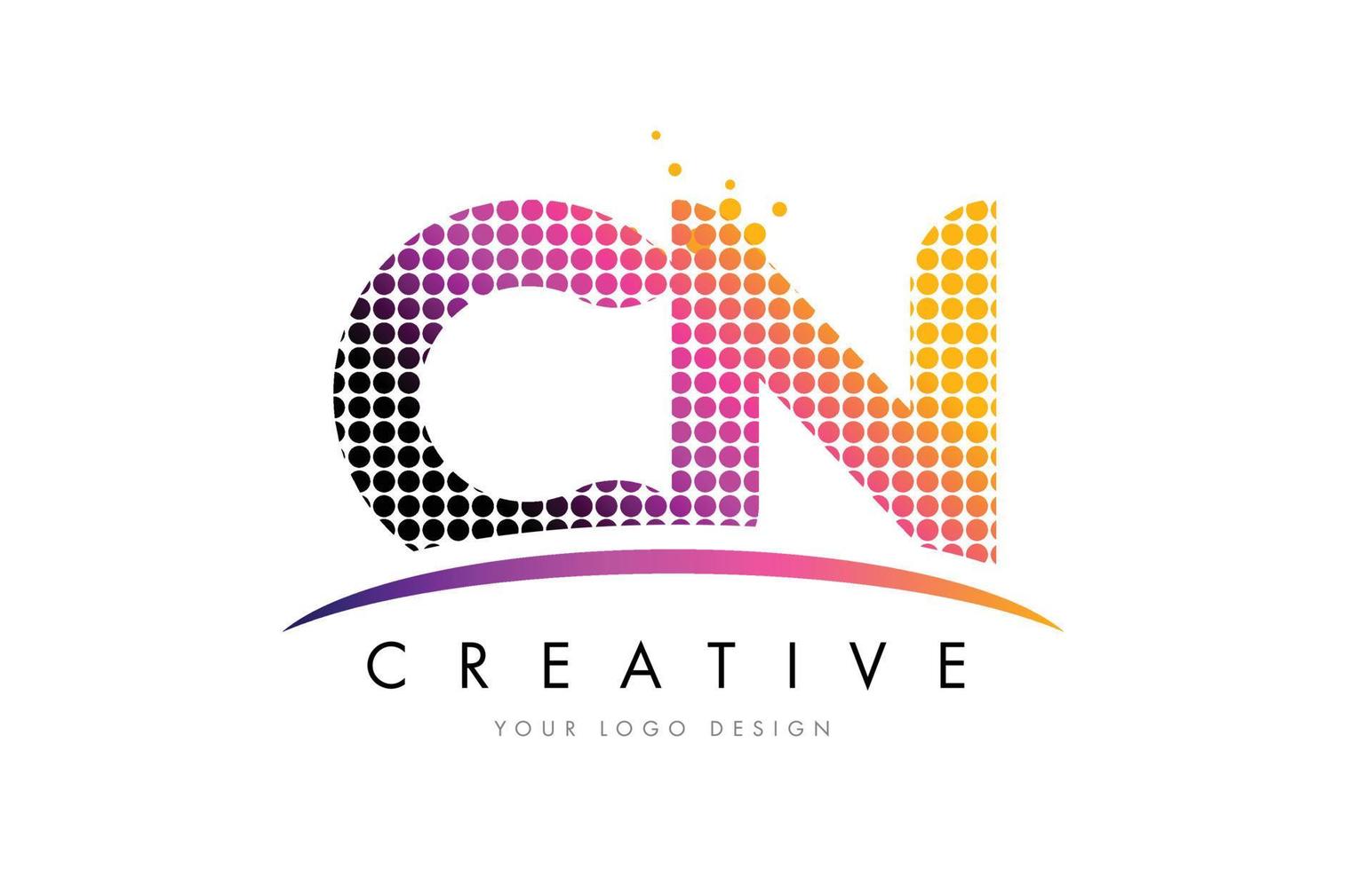 Diseño de logotipo cn cn carta con puntos magentas y swoosh vector
