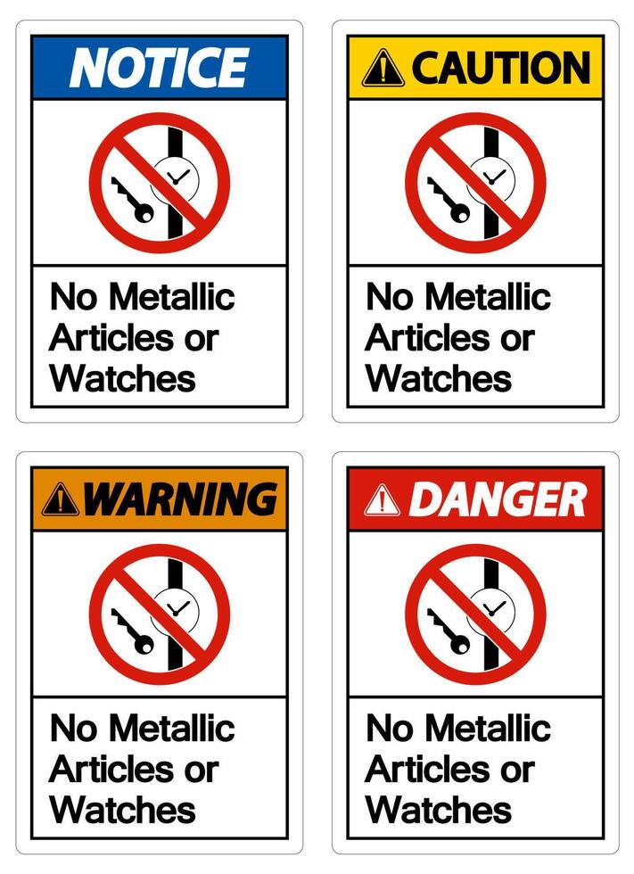 Caution No Metallic Articles Or Watches Symbol Sign On White Background vector