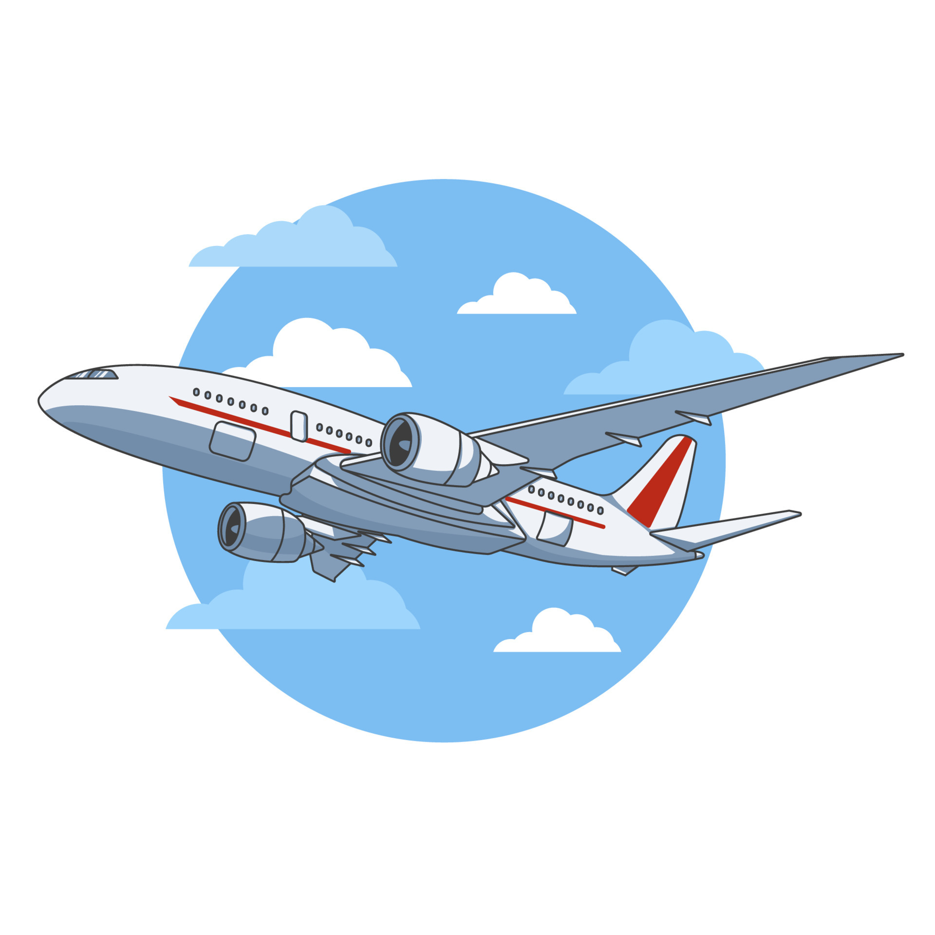 Airplane illustration, view of a flying aircraft. Vector illustration