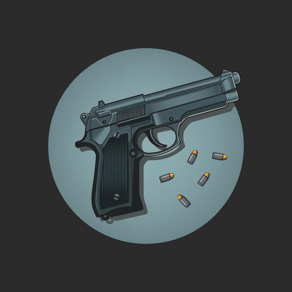 pistola con balas ilustración vectorial. disparo a la cabeza. Ilustración del icono de arma. pistola de dibujos animados logo vector estilo de dibujos animados plana