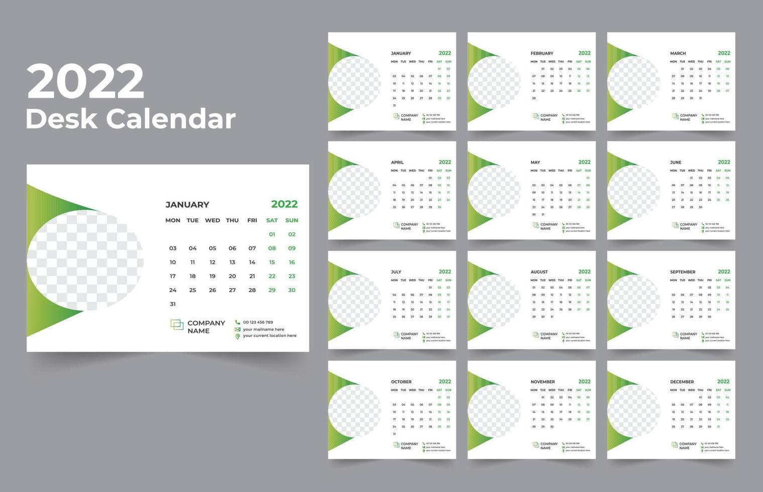 Desk calendar design 2022 template Set of 12 Months, Week starts Monday, Stationery design, calendar planner vector