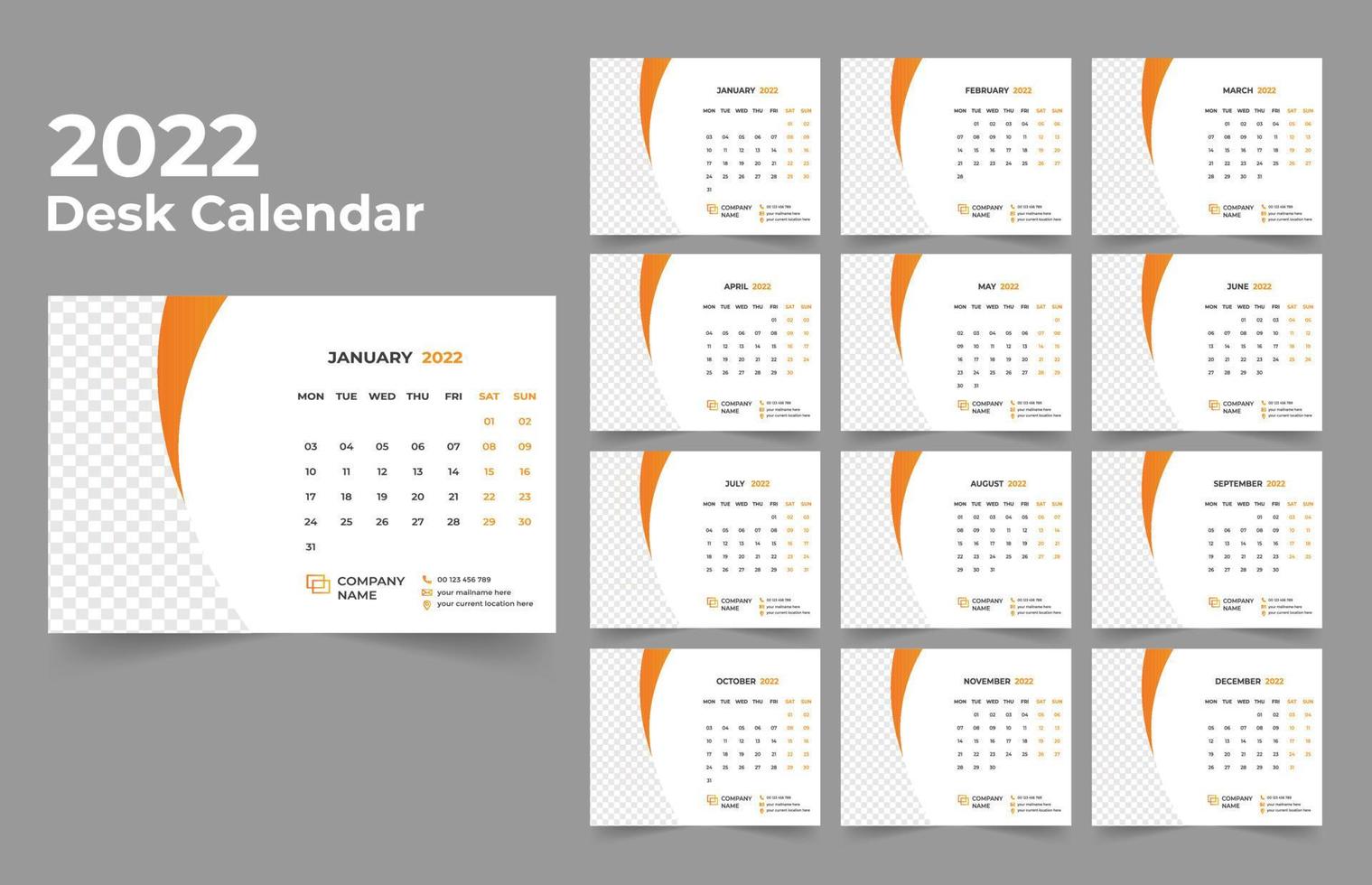 diseño de calendario de escritorio 2022 conjunto de plantillas de 12 meses, la semana comienza el lunes, diseño de papelería, planificador de calendario vector