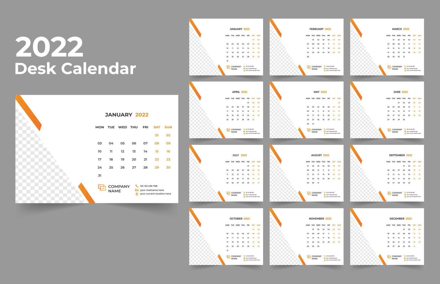 diseño de calendario de escritorio 2022 conjunto de plantillas de 12 meses, la semana comienza el lunes, diseño de papelería, planificador de calendario vector