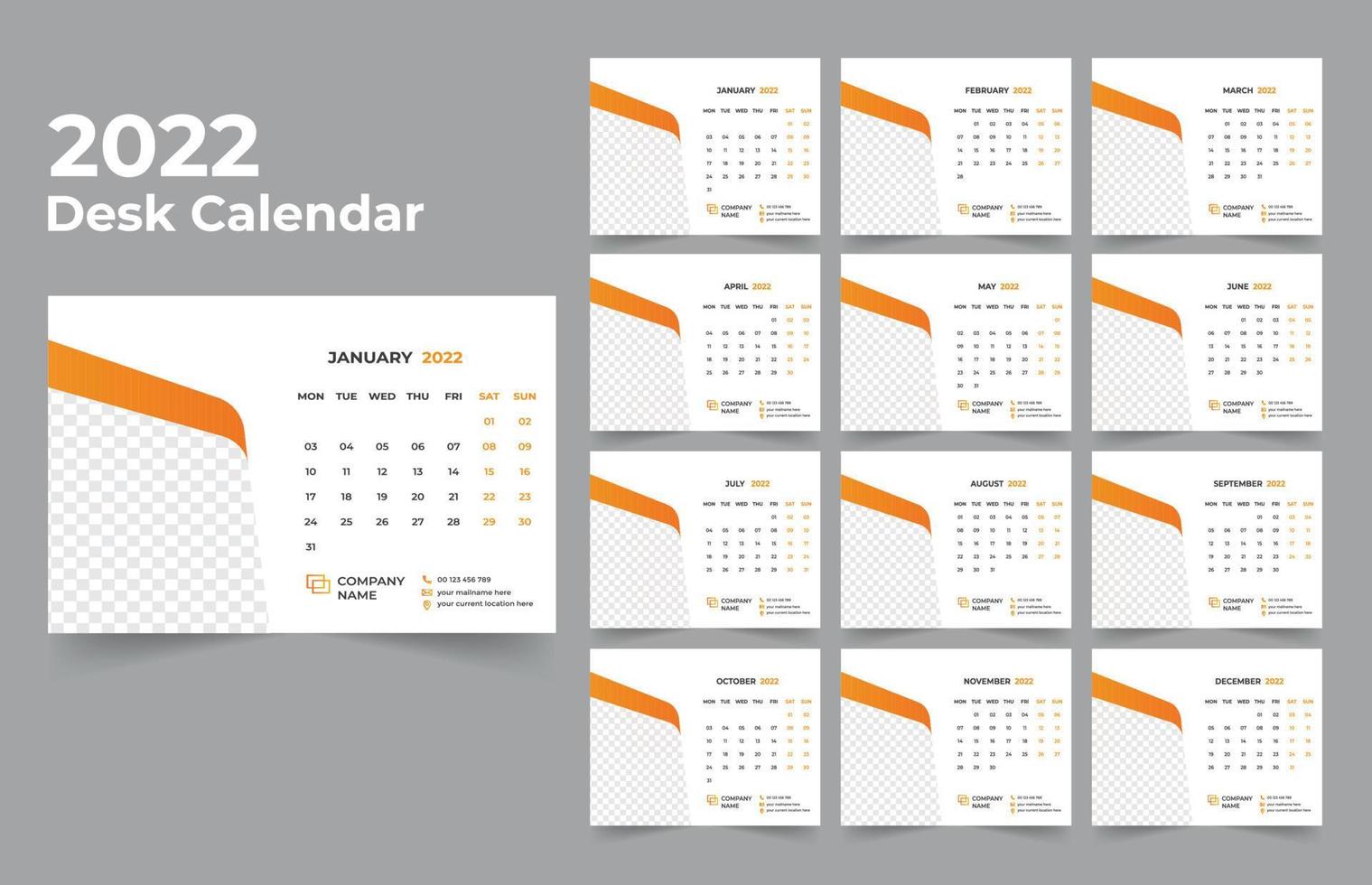 diseño de calendario de escritorio 2022 conjunto de plantillas de 12 meses, la semana comienza el lunes, diseño de papelería, planificador de calendario vector