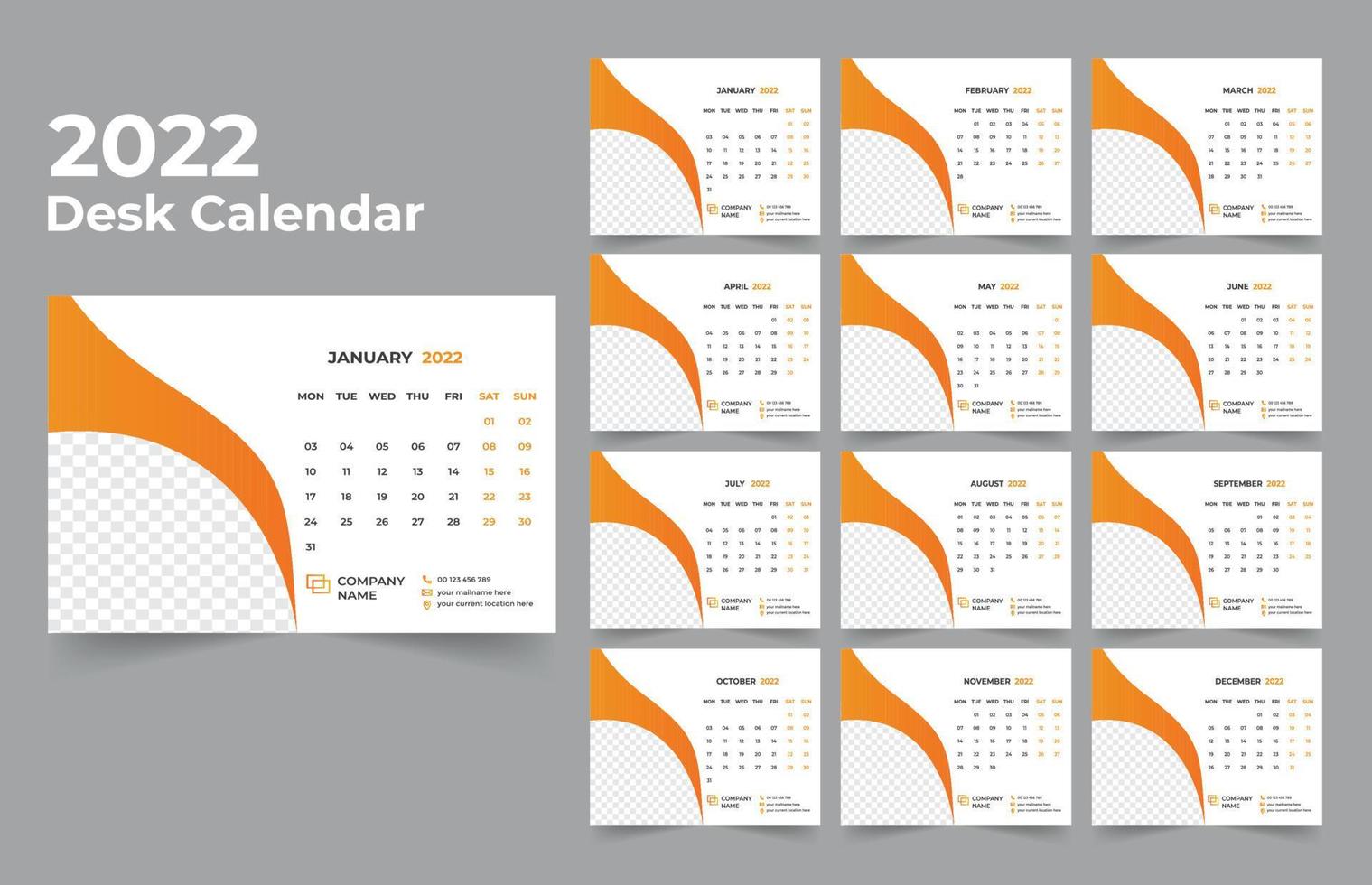 Desk calendar design 2022 template Set of 12 Months, Week starts Monday, Stationery design, calendar planner vector