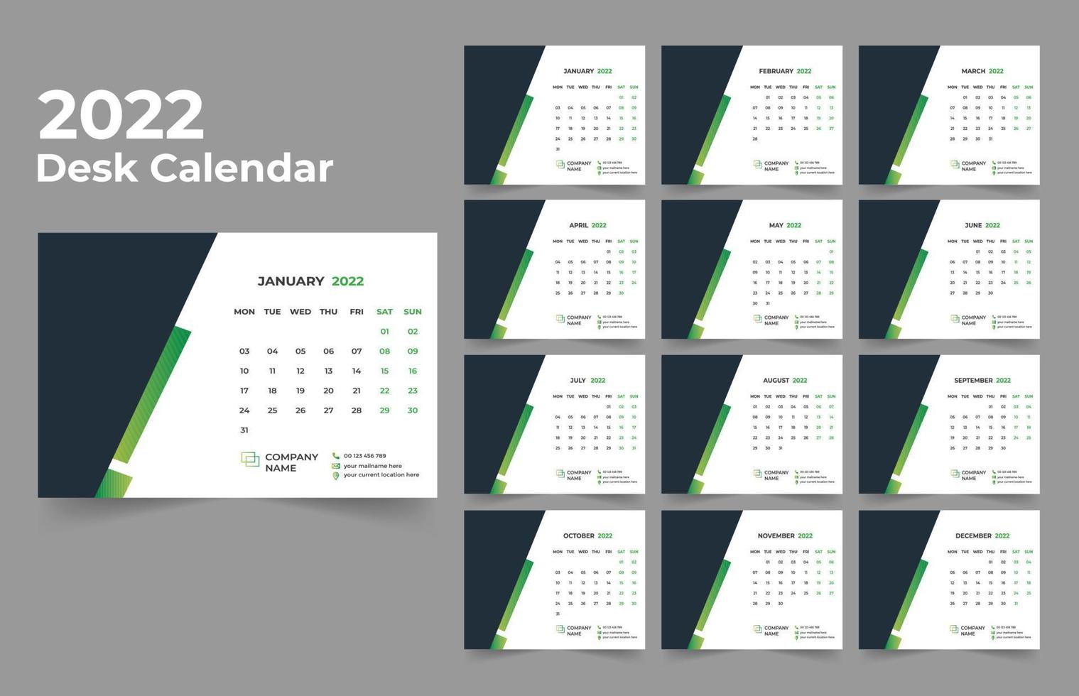 diseño de calendario de escritorio 2022 conjunto de plantillas de 12 meses, la semana comienza el lunes, diseño de papelería, planificador de calendario vector