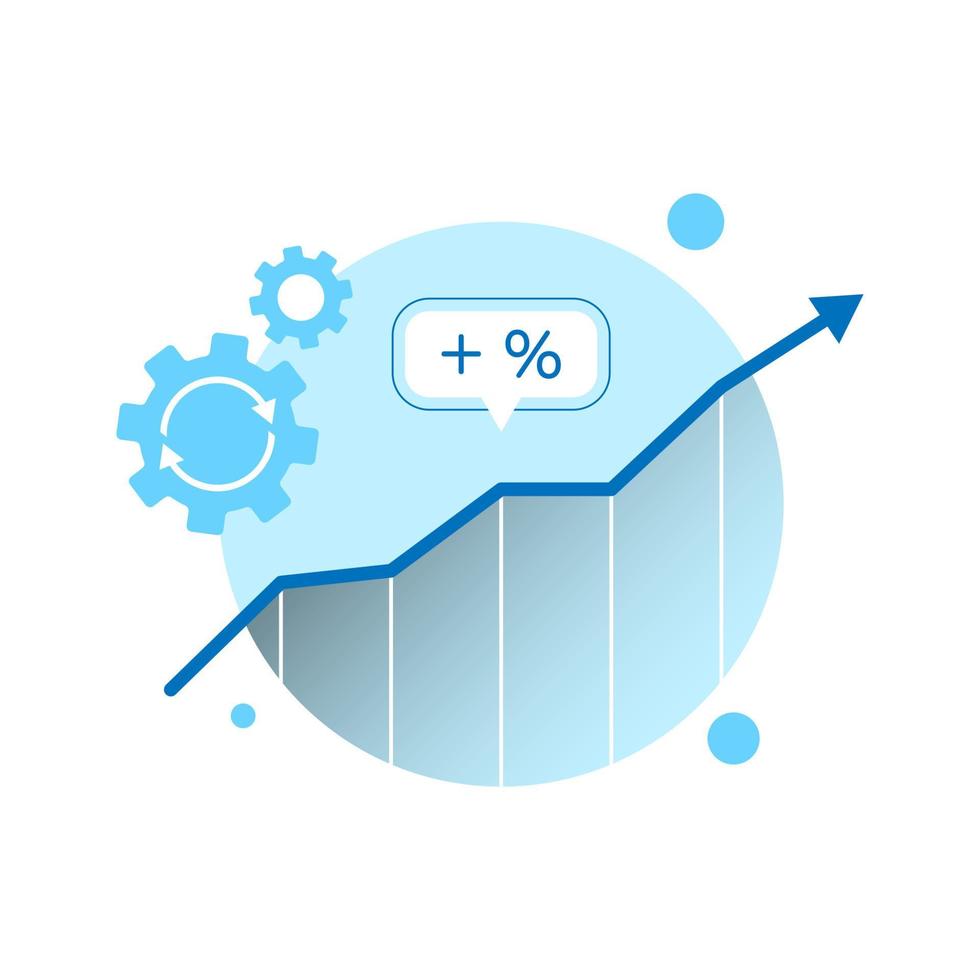 gear and statistics bars with arrow, growth chart, business productivity, improvement concept illustration flat design icon in vector eps10. simple and modern style graphic element