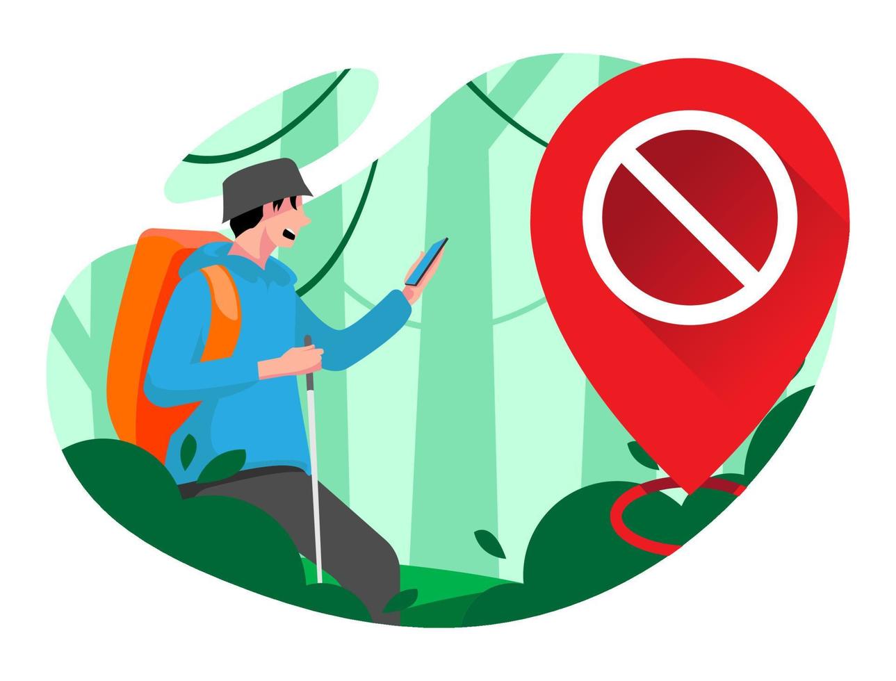 supervivencia, un hombre que viaja en la zona de cobertura exterior en la jungla, caminatas, descarriado, perdido en el bosque concepto ilustración diseño plano vector eps10