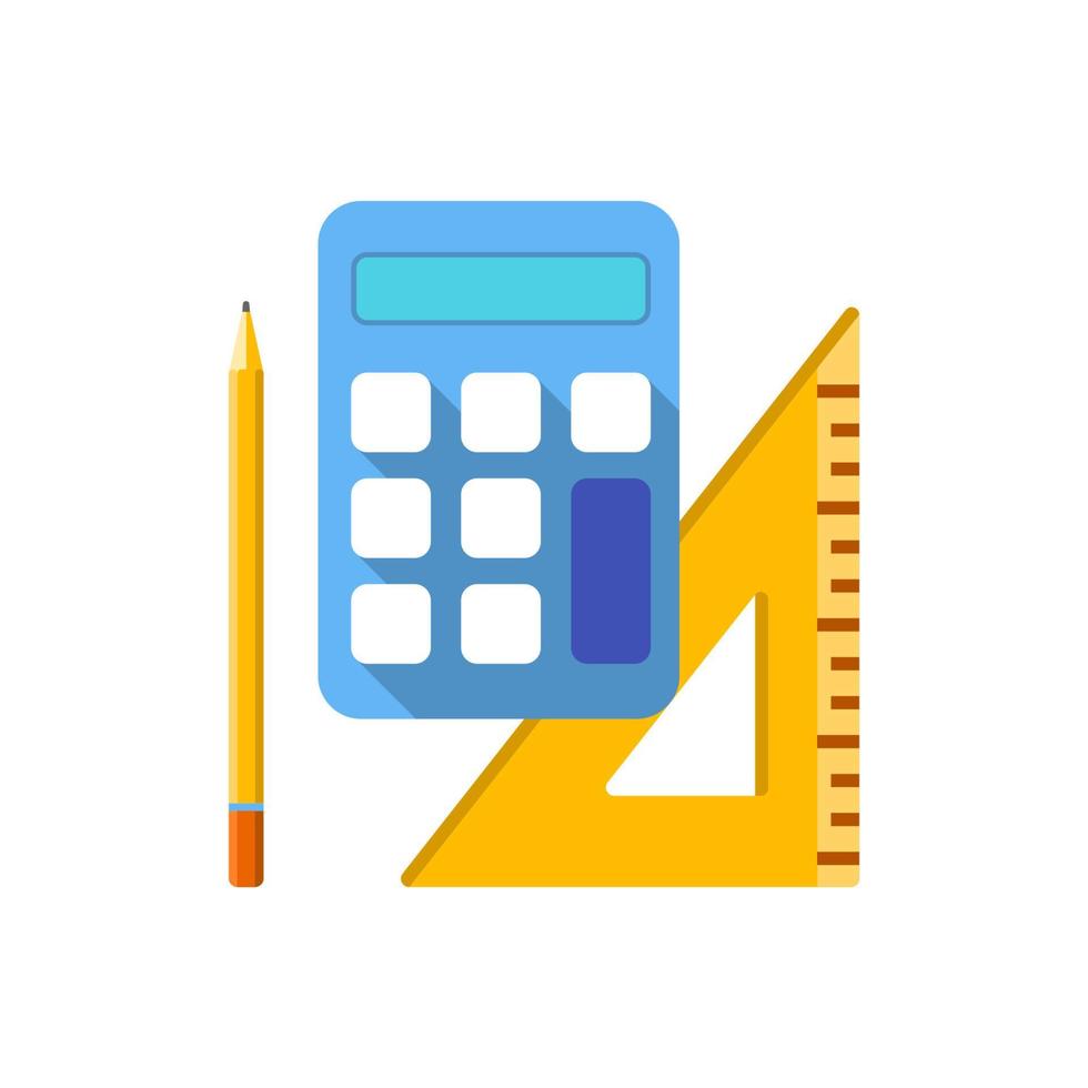 calculator, triangle ruler and pencil for computation, reckoning, adding up, counting up, determining, estimation, mathematical, calculation concept illustration flat design vector eps10. simple icon