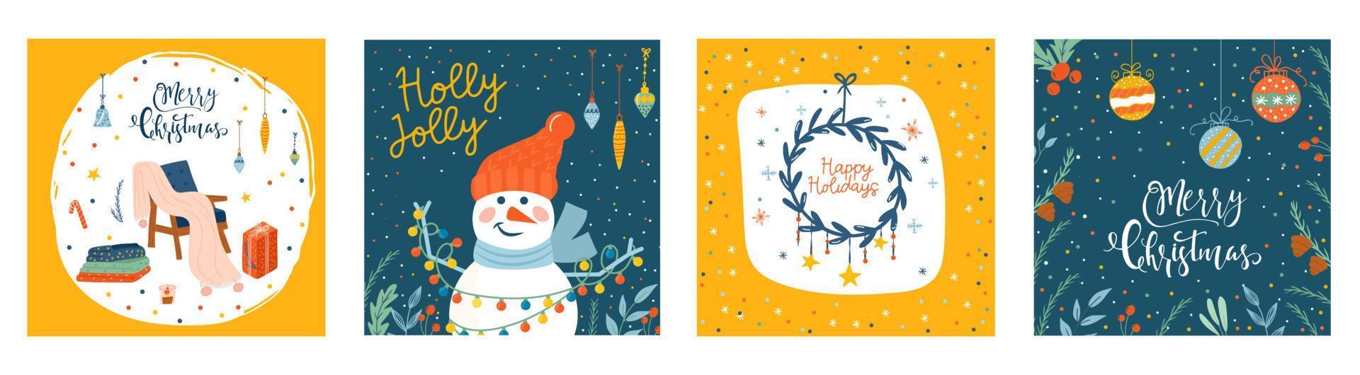 4 Greeting card of Christmas decorations with text. Postcard with bauble, text, wreath, gifts, floral. Kids illustration. Scrapbook trendy collection vector