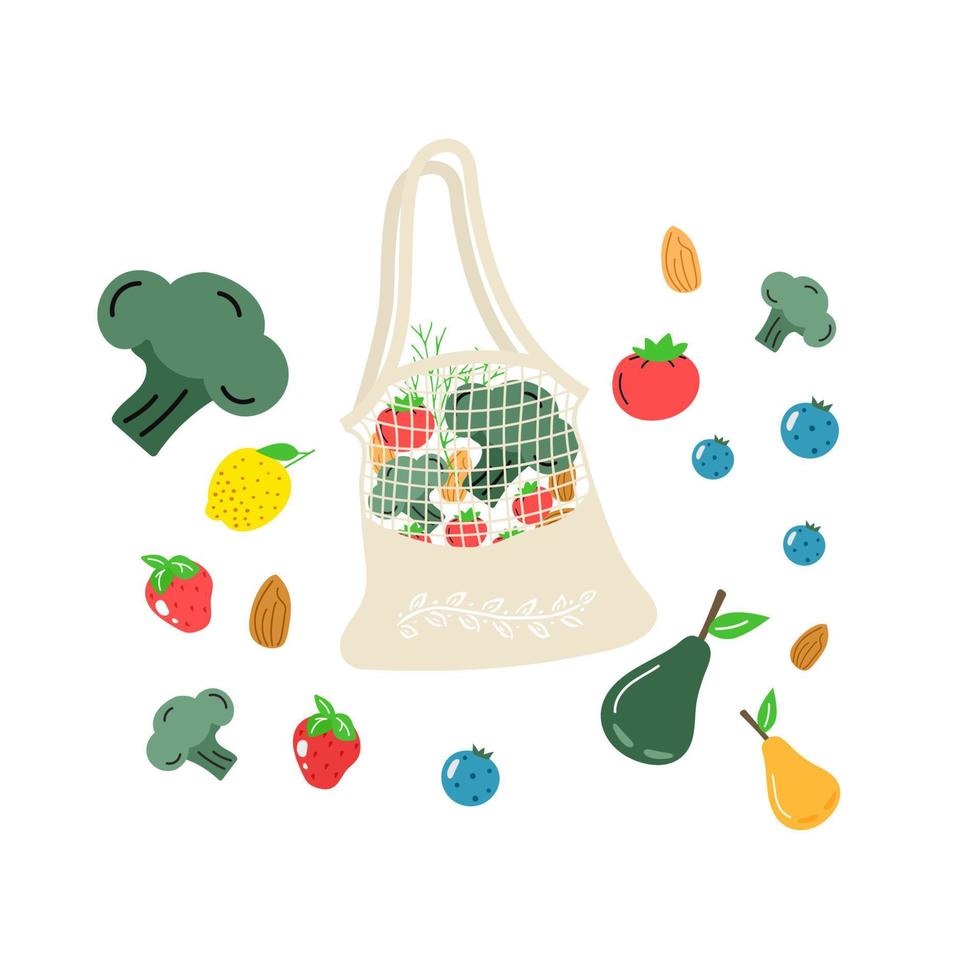 Cotton eco shopping net with vegetables, fruits and healthy drinks. Dairy food in reusable eco friendly shopper bag. Zero waste, plastic free concept. Flat trendy design vector