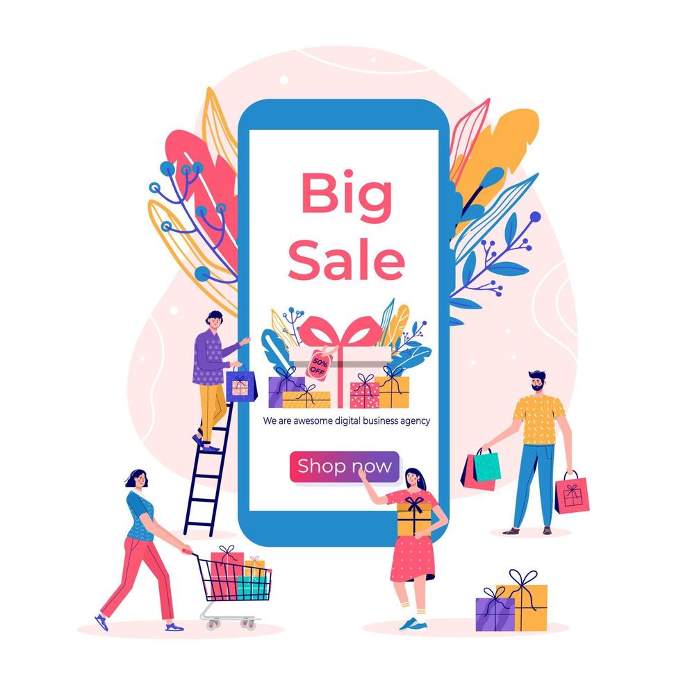 Seasonal discount website sale banner with people holding shopping bag. Promotion of online store loyalty program, bonus, reward, discount card, coupon or voucher. Modern flat vector for advertisement