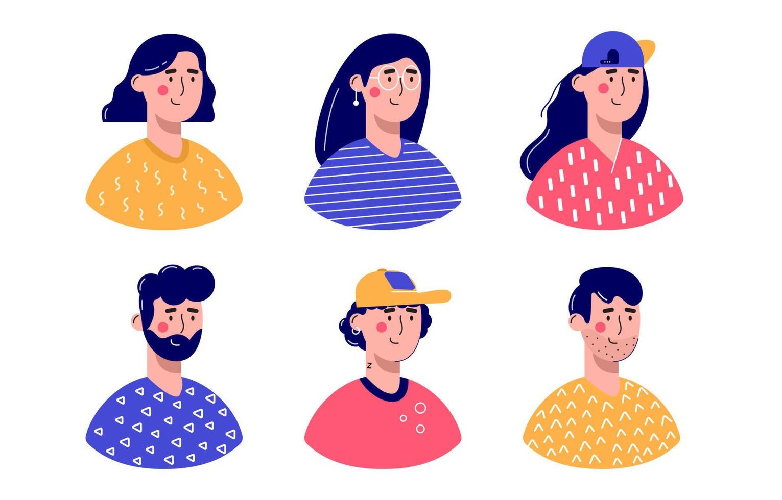 paquete de diferentes personajes de avatares de hombres y mujeres. Conjunto de ilustración de vector plano de gente alegre y feliz. retratos masculinos y femeninos, grupo, equipo. adorable paquete de moda para chicos y chicas.