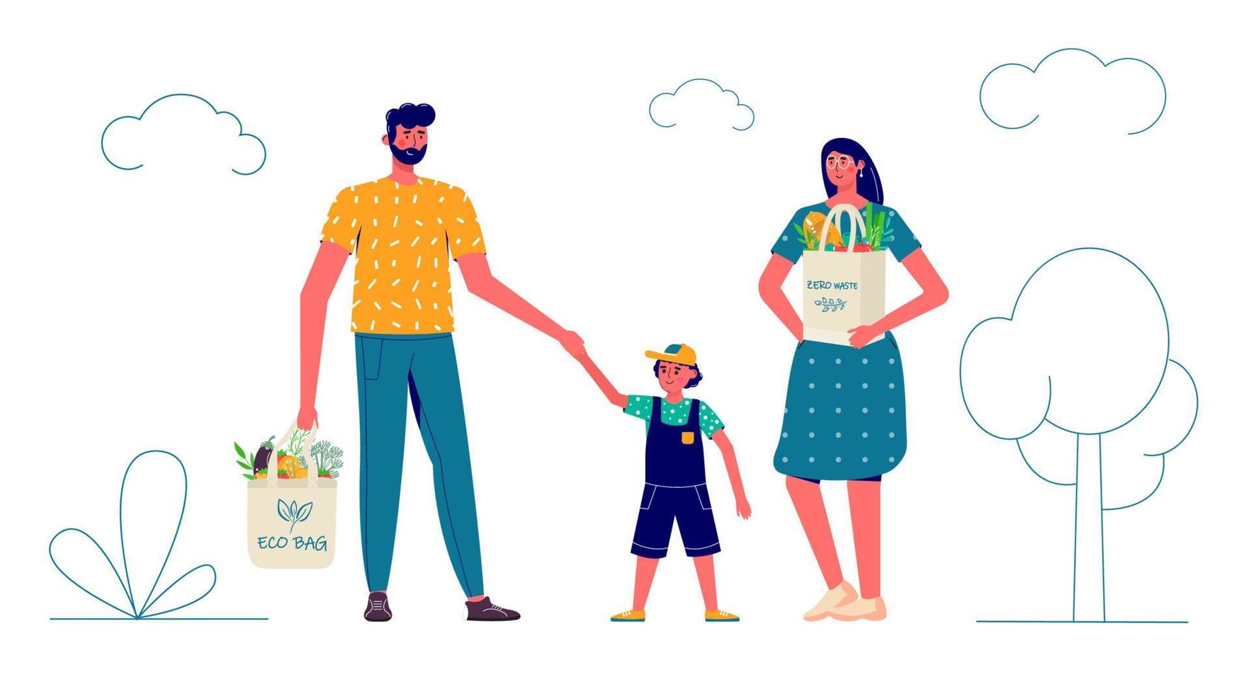 Family carrying eco natural bags with purchases. Caring for the environment, Zero waste, vegetarianism,. ecological grocery shopping, reusable friendly shopper basket with vegetables and fruits vector