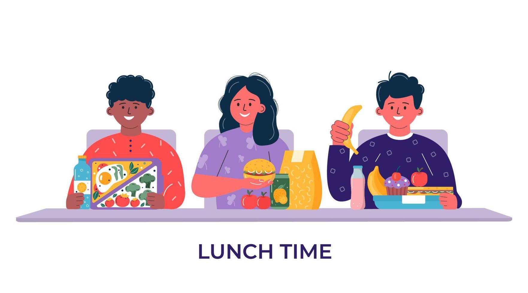 Boys and girls having breakfast or lunch meals. Kids, people eating, drinking healthy food, drinks. Children school lunch boxes with meal, hamburger, sandwich, juice, snacks, fruit, vegetables. Vector