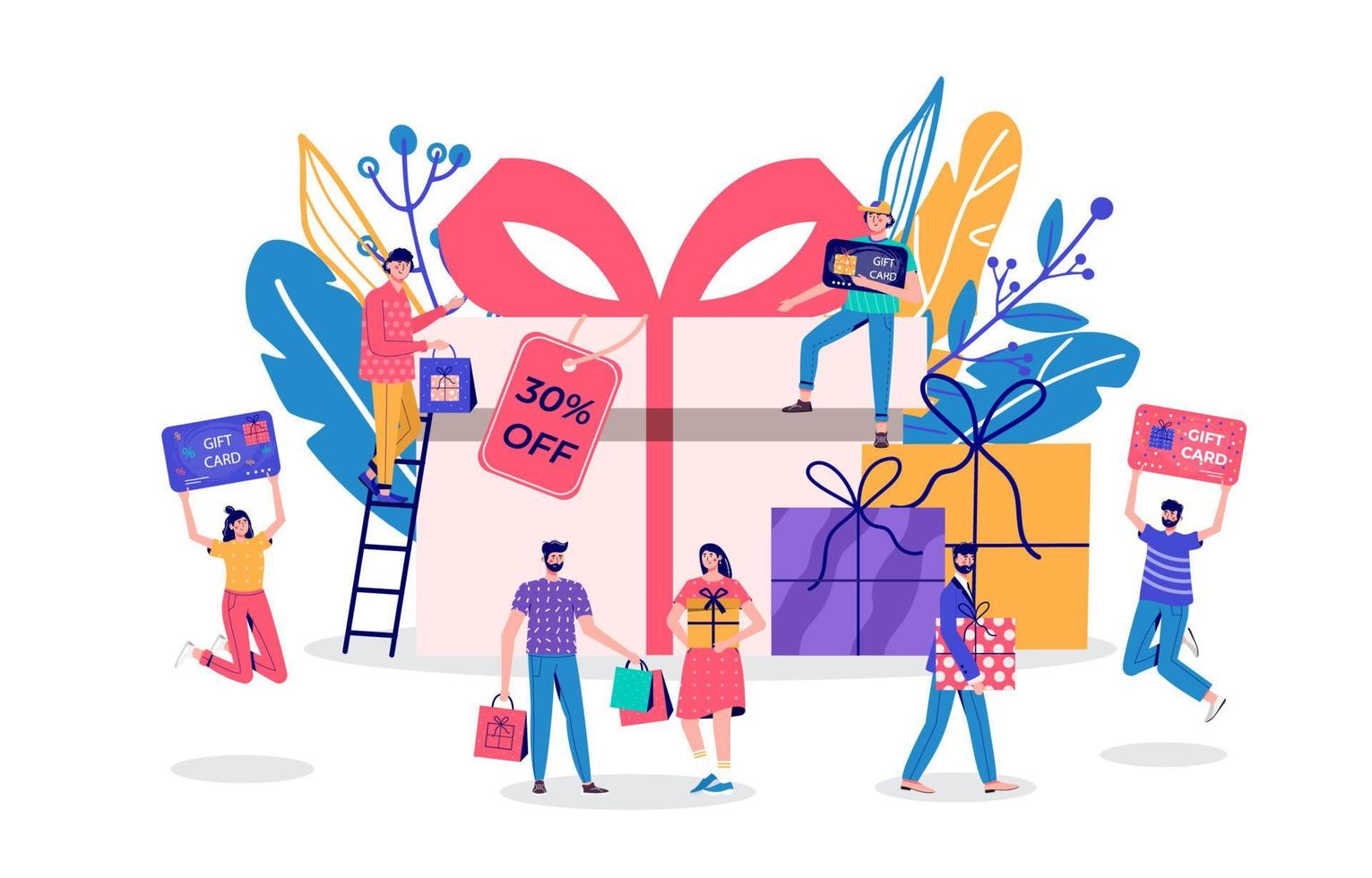 Banner de venta de sitio web de descuento de temporada con personas con bolsa de compras. promoción del programa de fidelización de la tienda online, bonificación, recompensa, tarjeta de descuento, cupón o vale. vector plano moderno para publicidad