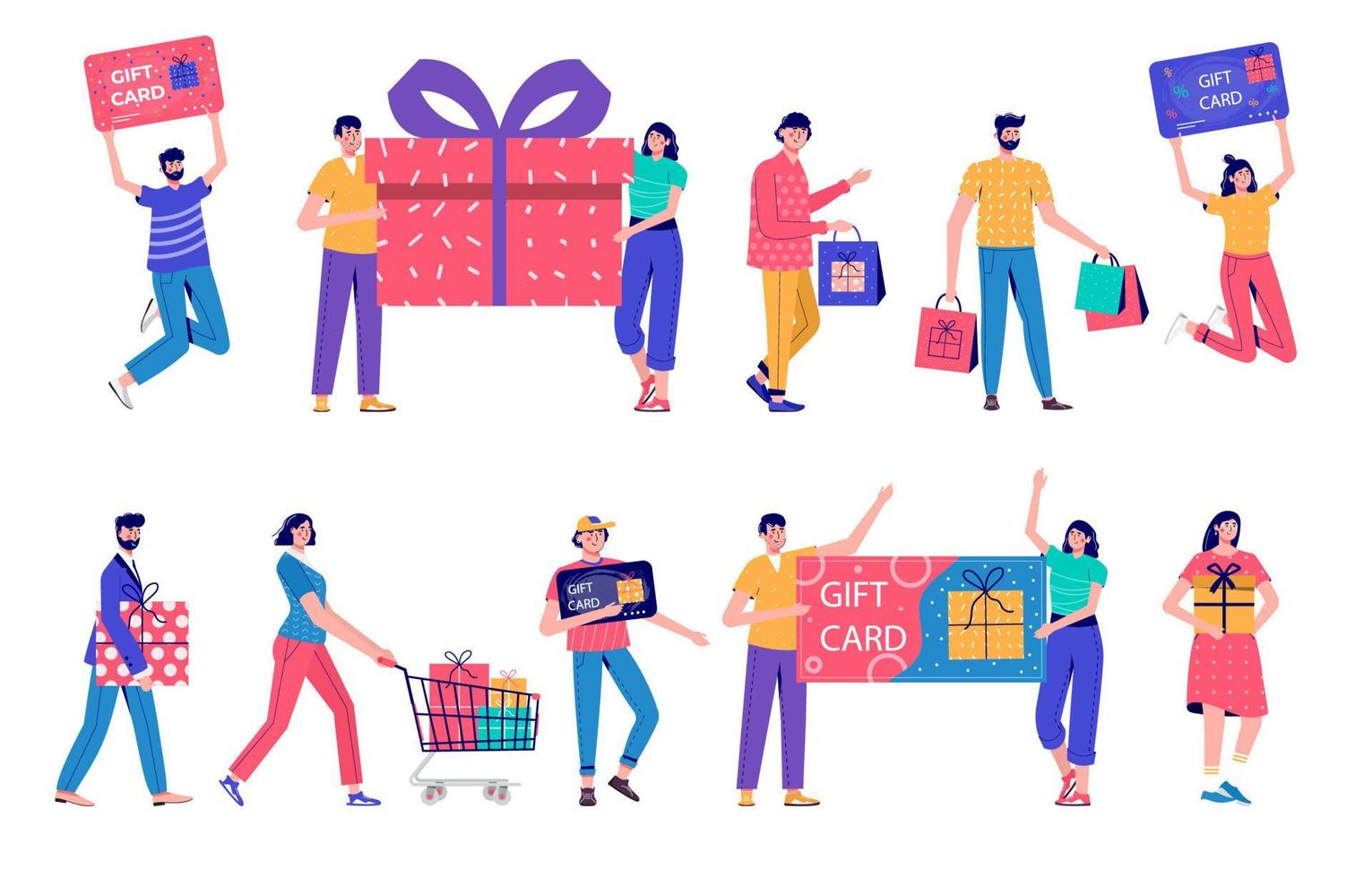 Banner de venta de sitio web de descuento de temporada con personas con bolsa de compras. promoción del programa de fidelización de la tienda online, bonificación, recompensa, tarjeta de descuento, cupón o vale. vector plano moderno para publicidad