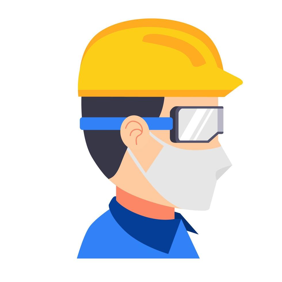 Trabajadores de fábricas masculinos con cascos, gafas y máscara. icono vector