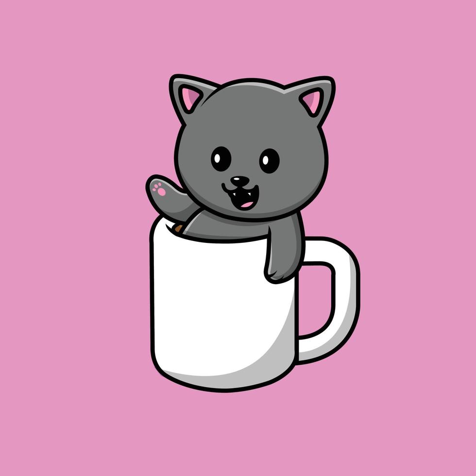 Cute Cat On Coffee Cup Cartoon Vector Icon Illustration. Animal Food Icon Concept Isolated Premium Vector. Flat Cartoon Style
