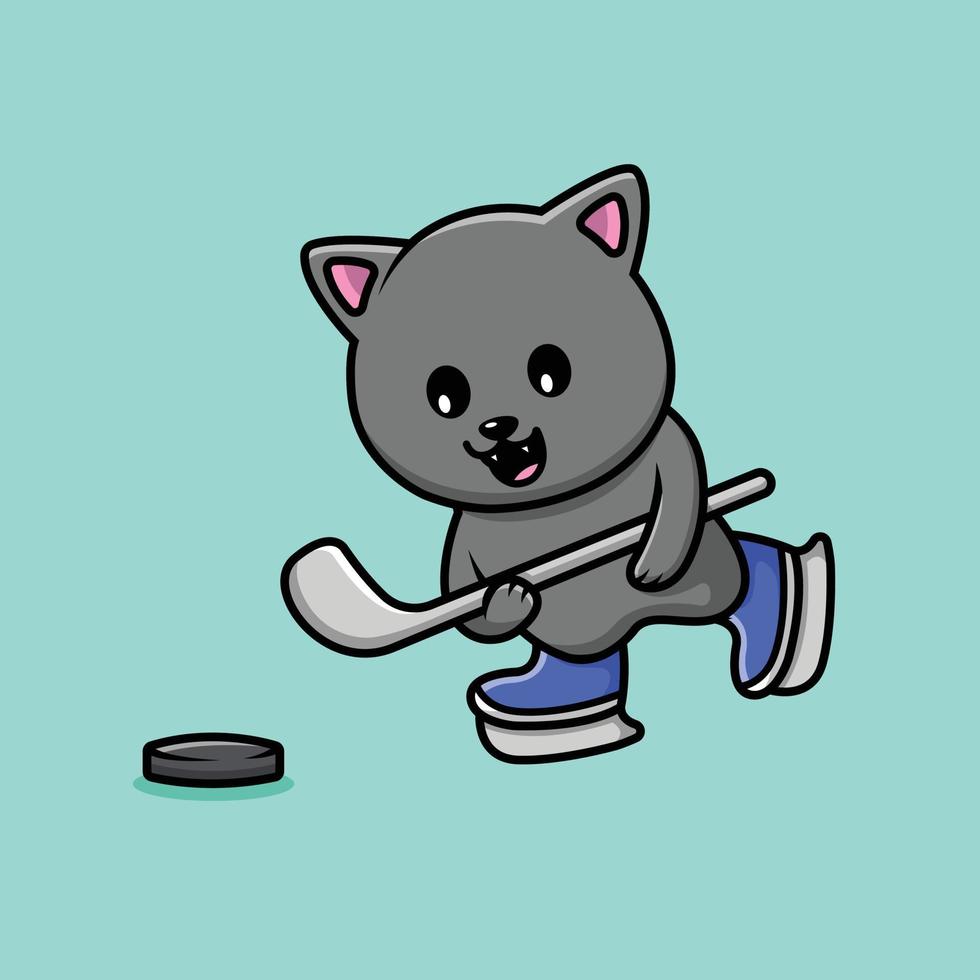 lindo gato jugando hockey dibujos animados vector icono ilustración. concepto de icono de deporte animal aislado vector premium. estilo de dibujos animados plana