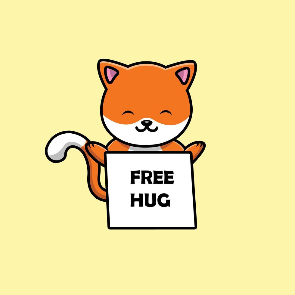 Cute Cat With Free Hug Board Cartoon Vector Icon Illustration. Animal Icon Concept Isolated Premium Vector. Flat Cartoon Style