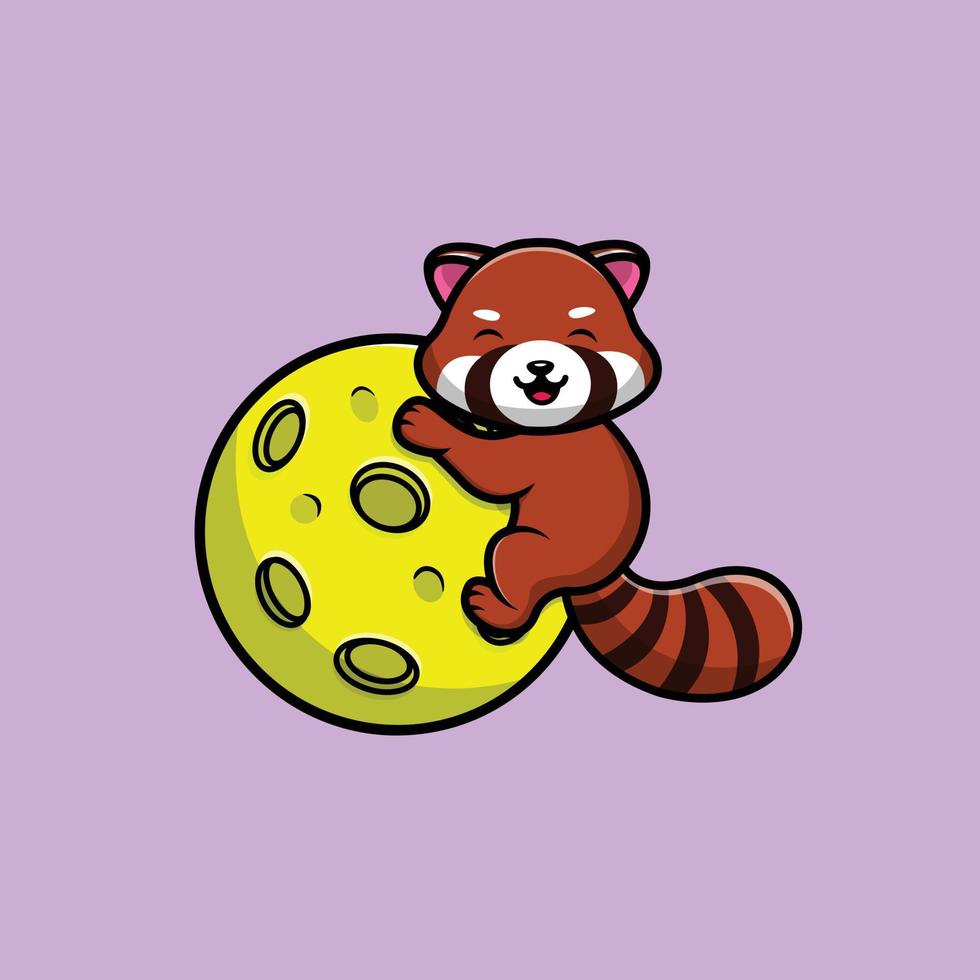 Cute Red Panda On Moon Cartoon Vector Icon Illustration. Animal Science Icon Concept Isolated Premium Vector. Flat Cartoon Style