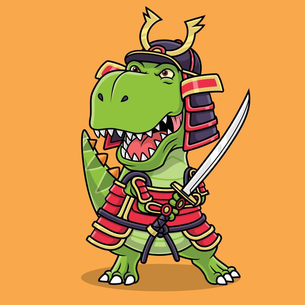 Cool samurai dinosaur mascot. Hand drawn vector