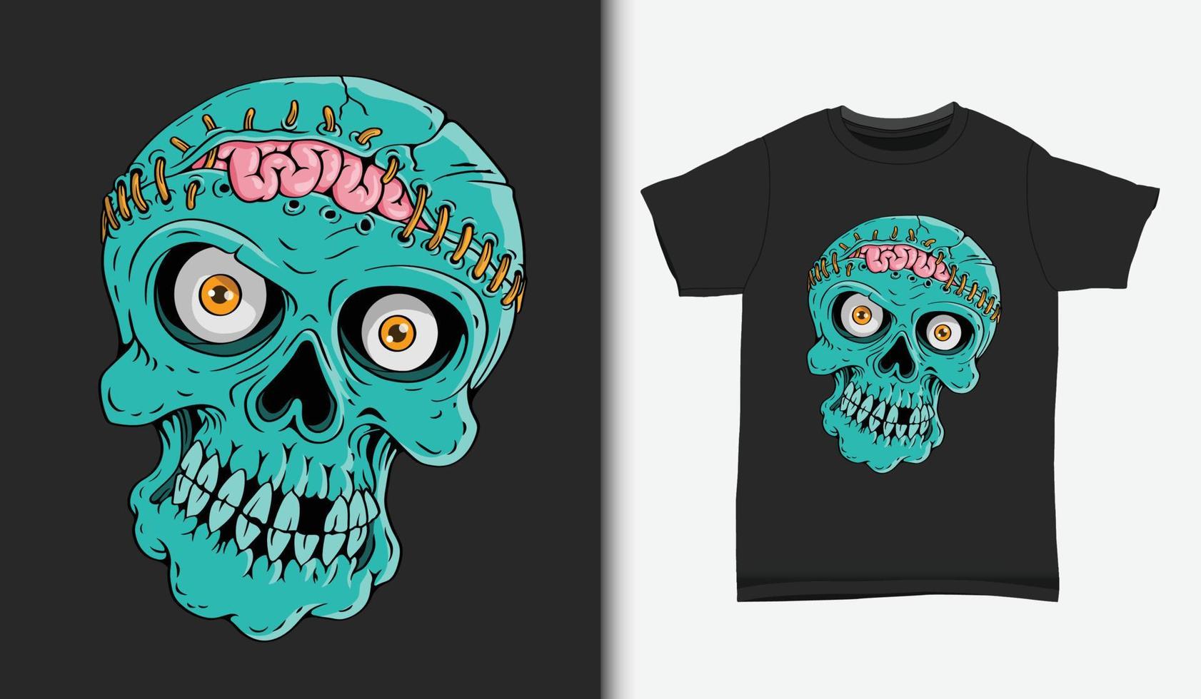 Skull with opened brain illustration, with t-shirt design. vector