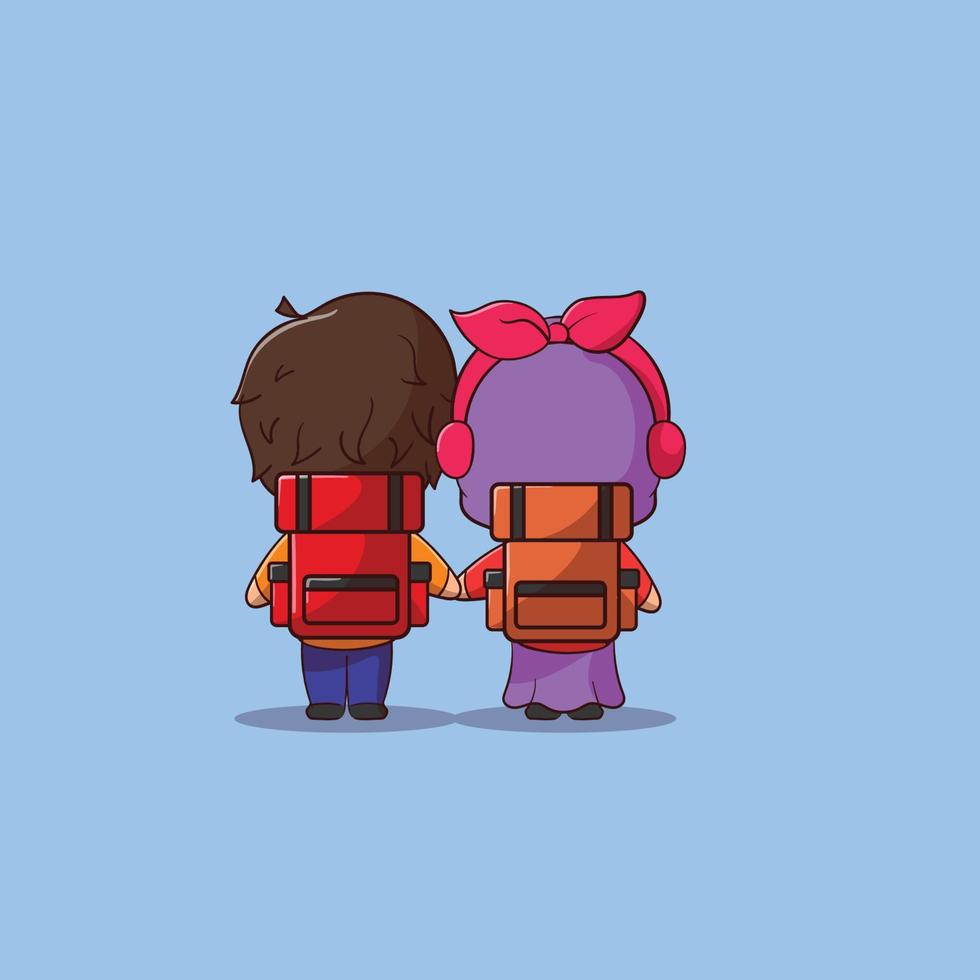 Young Muslim couple while carrying backpack traveling together flat cartoon cute style Premium Vector