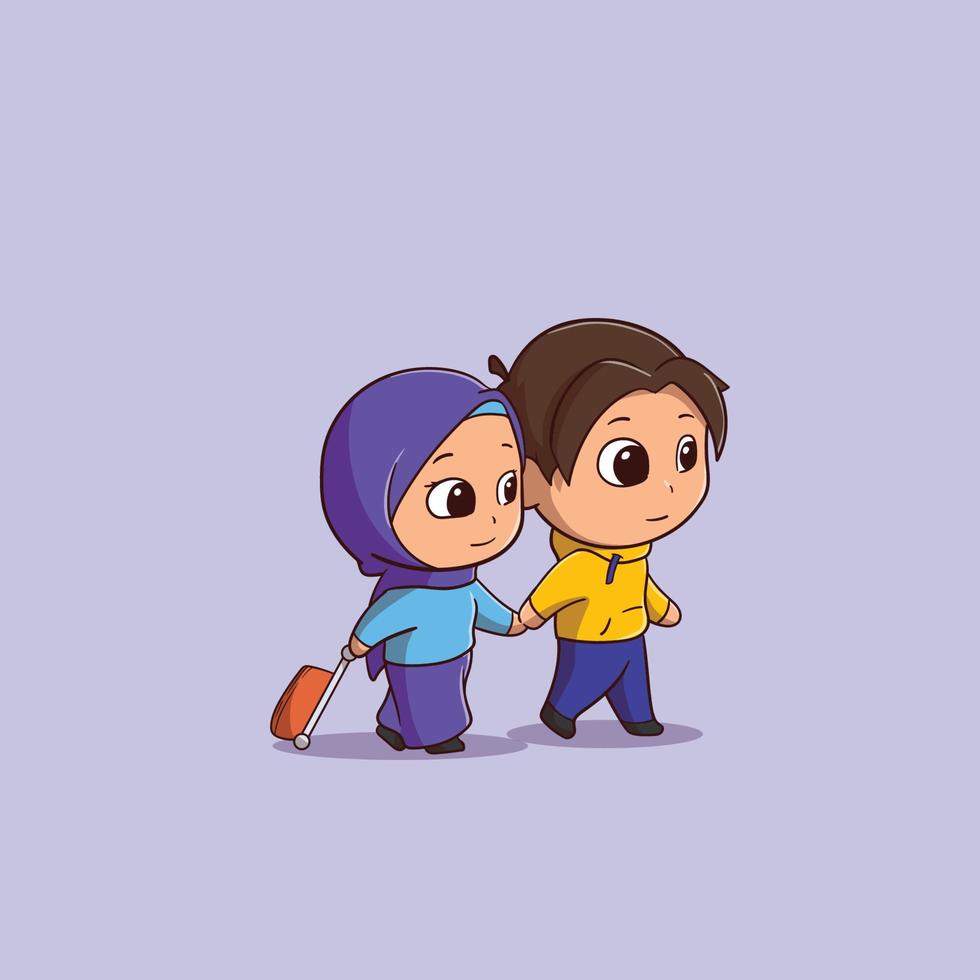 Cute Young Muslim couple traveling together flat cartoon style Premium Vector