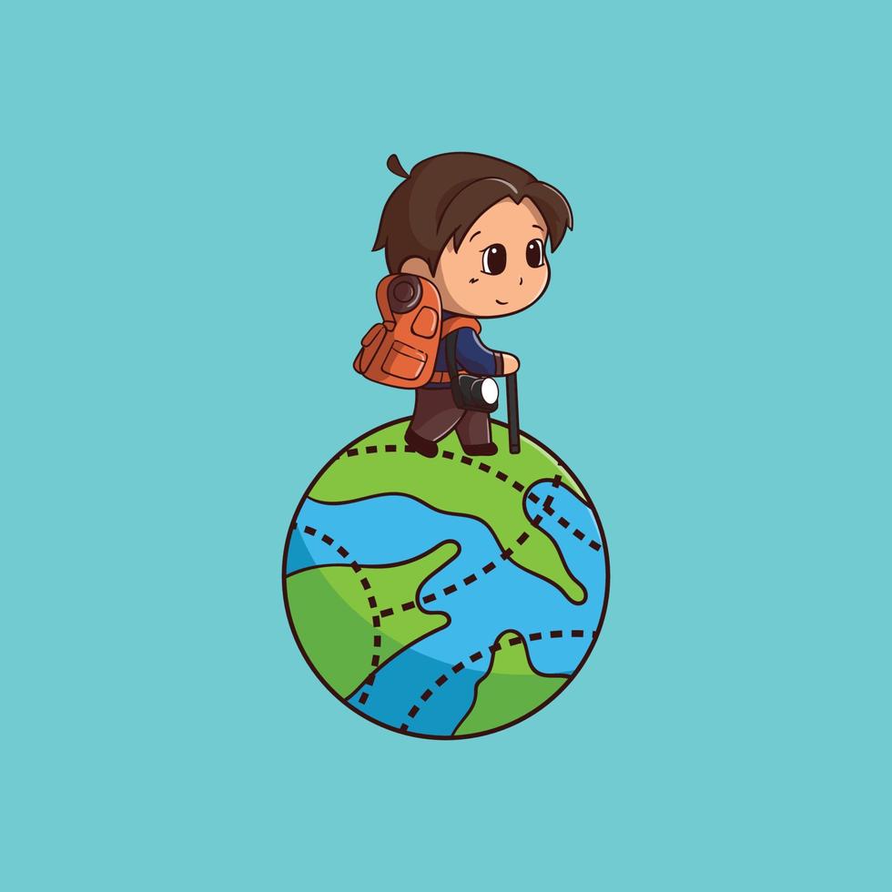 Cute boy Solo traveling with globe icon Concept Isolated Premium Vector