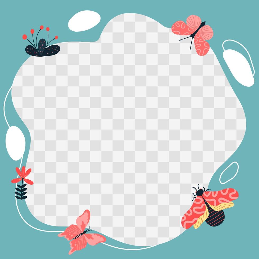 Insects, butterflies, beetles, flowers. Vector frame in the form of a spot in a flat cartoon style. Template for children's photos, postcards, invitations.
