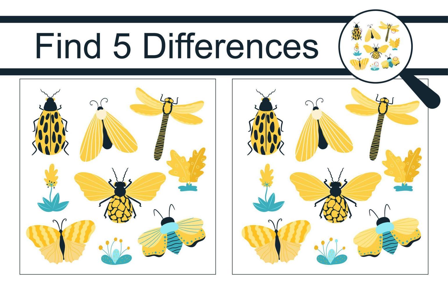 Find the differences. Educational game for children. Collection of colorful insects, butterflies, beetles, dragonflies, flowers. Vector illustration, cartoon style.