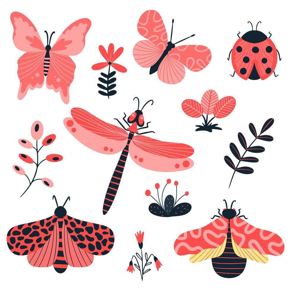 Hand-drawn butterflies, insects and flowers. Moth wings and spring colorful flying insect and beetle. Vector on a white background.