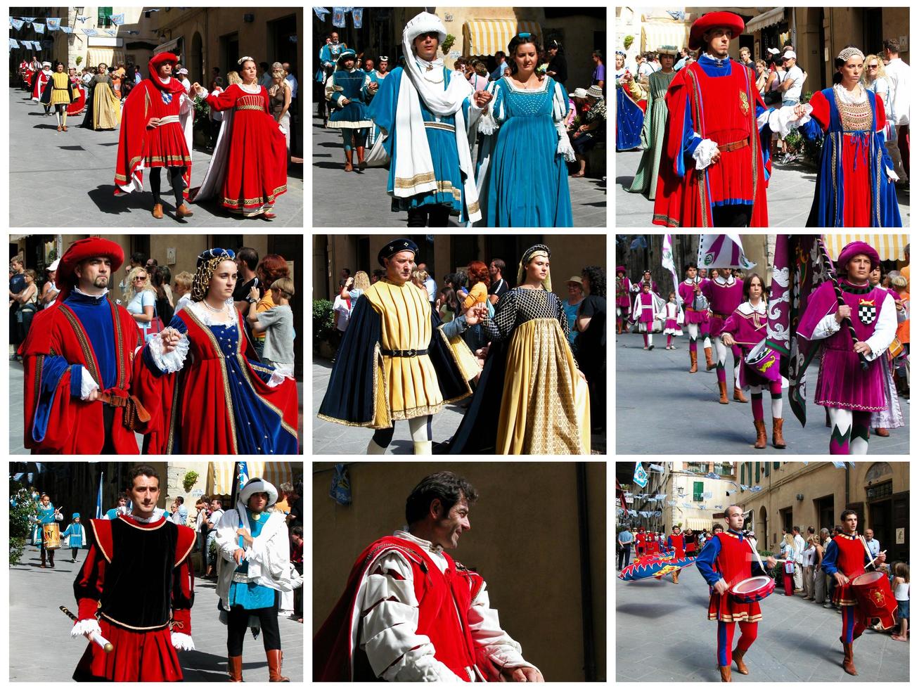 sarteano, toscana, italia, 2010 - collage de fotos de la justa medieval sarracena. giostra del saracino. Desfile por las calles de sarteano antes del torneo de justas. Italia