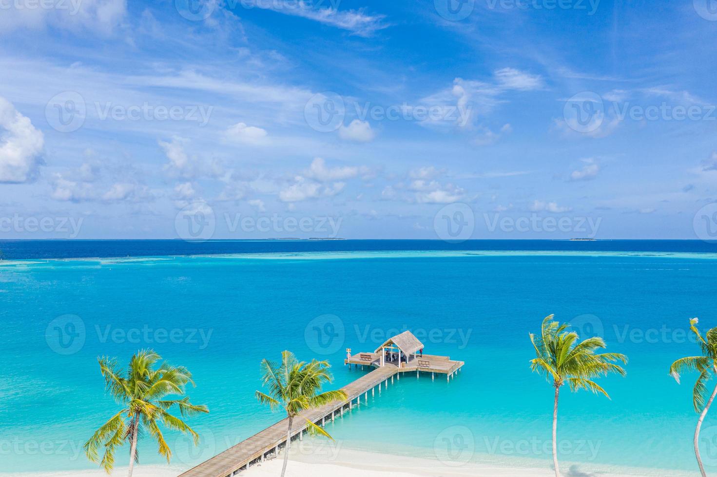 paisaje aéreo perfecto, resort u hotel tropical de lujo con villas de agua y hermosos paisajes de playa. Increíble vista de ojos de pájaro en Maldivas, paisaje marino vista aérea sobre Maldivas foto