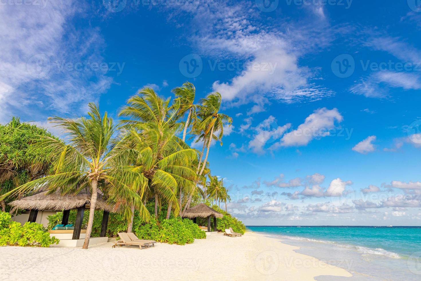 playa de la isla de maldivas. paisaje tropical de paisaje de verano, arena blanca con palmeras. destino de vacaciones de viaje de lujo. exótico paisaje de playa. naturaleza increíble, relajarse, plantilla de la naturaleza de la libertad foto