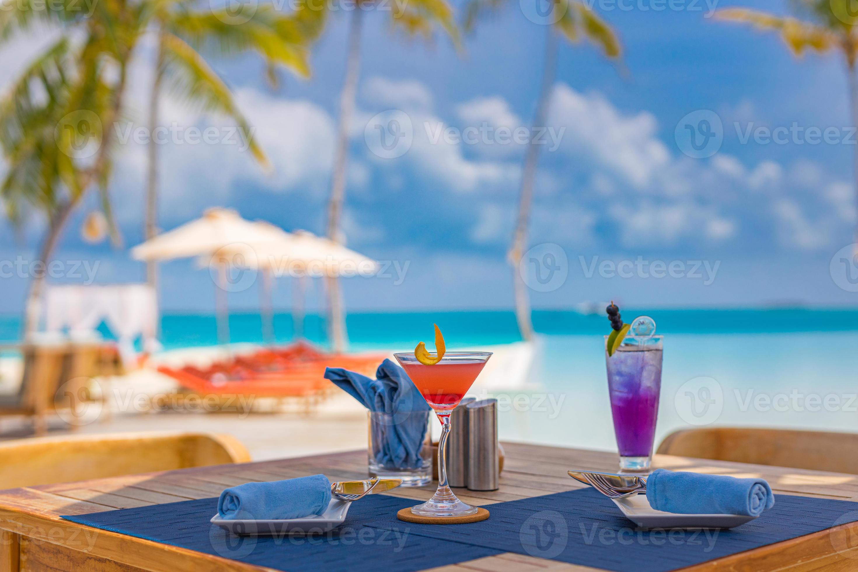 Luxury resort hotel poolside, outdoor restaurant on the beach