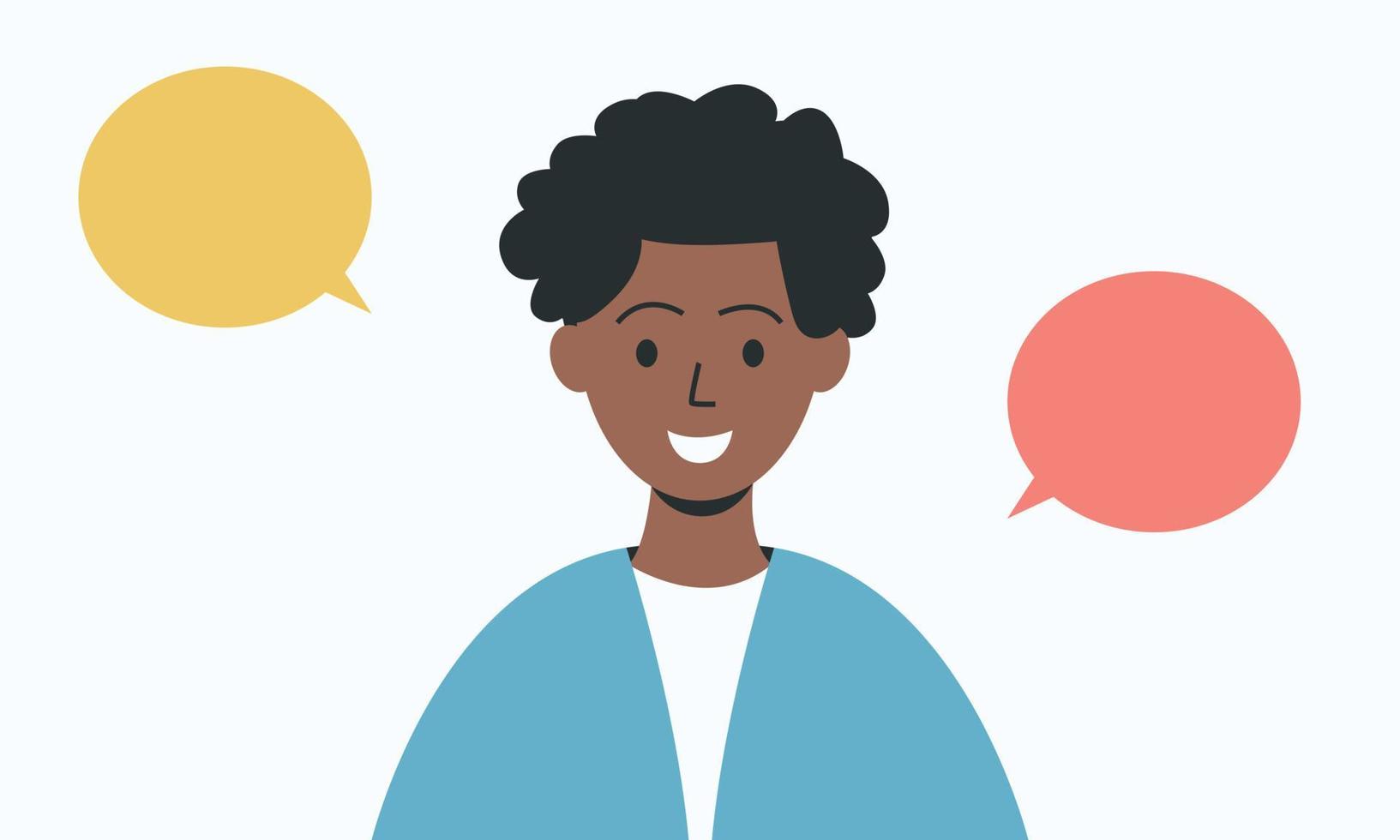 Avatar of a man with a speech bubble. A man with curly hair. Vector illustration