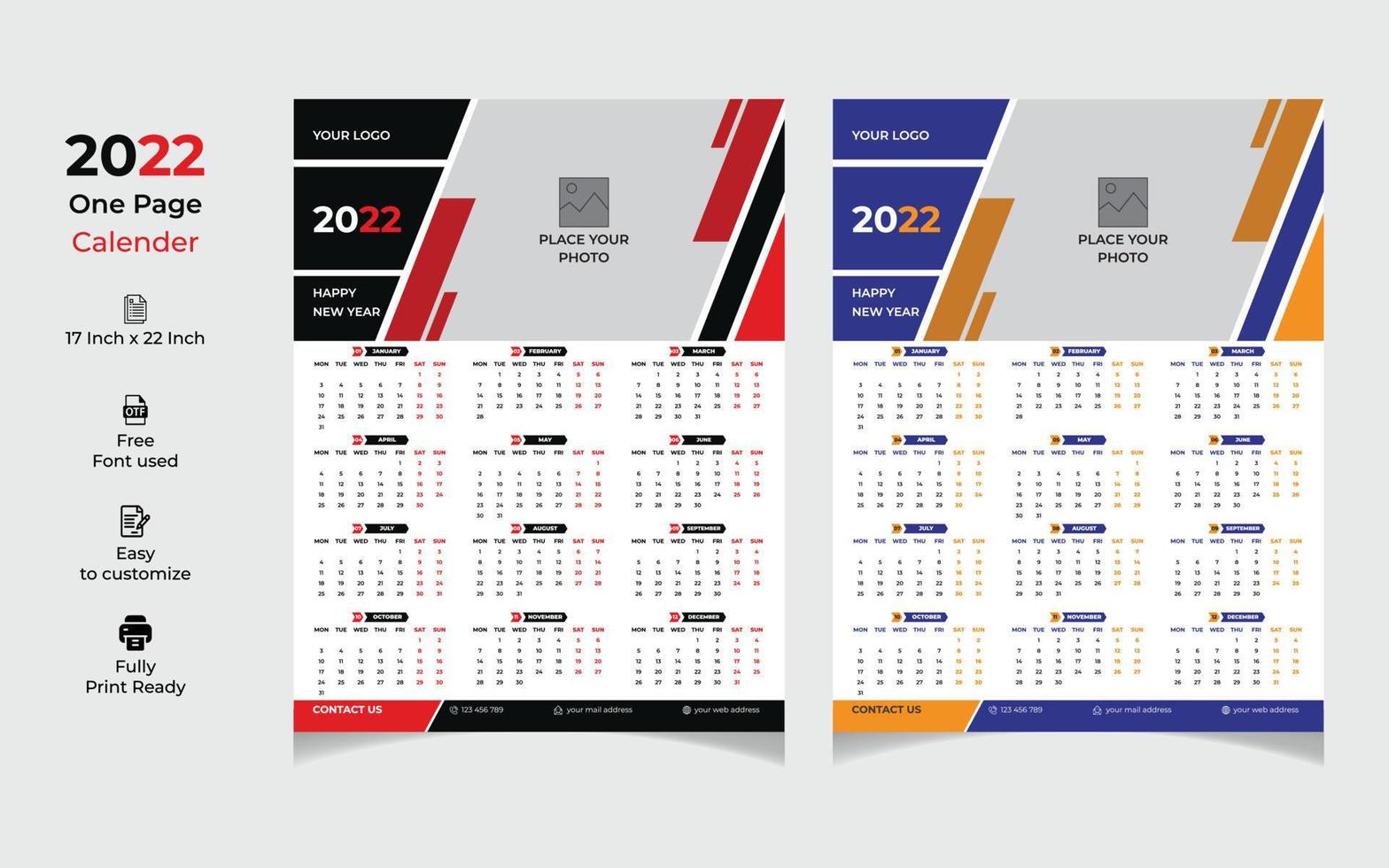 Year 2022 modern one page Calendar Vector template collection. Exclusive Design.  Week starts on Monday.