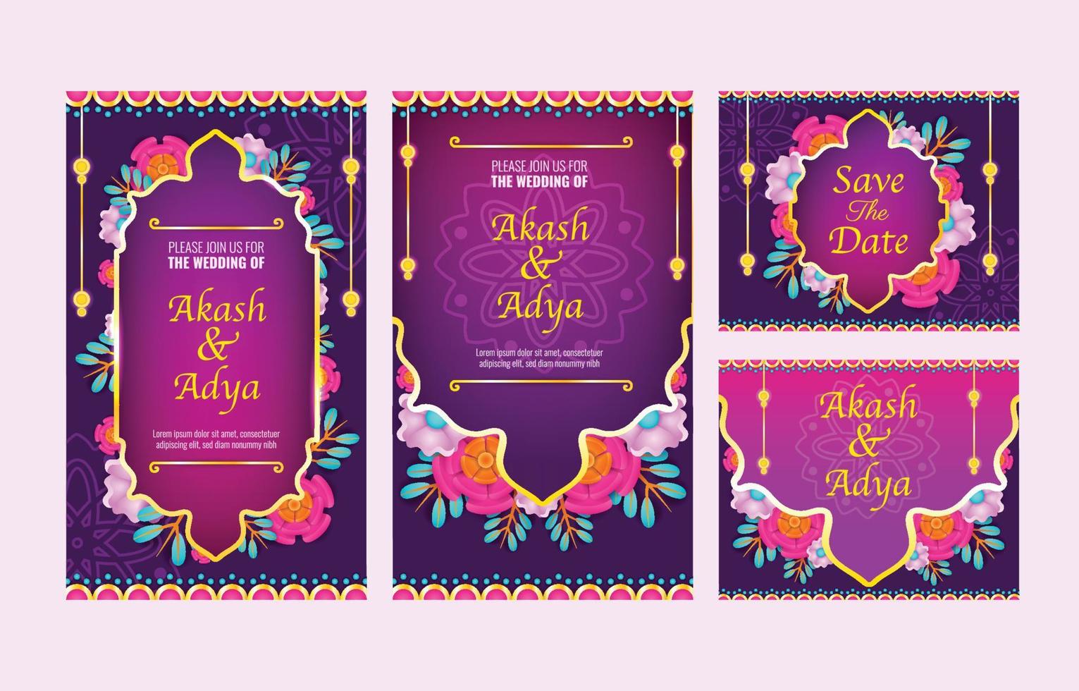 conjunto de plantillas de invitación de boda india vector